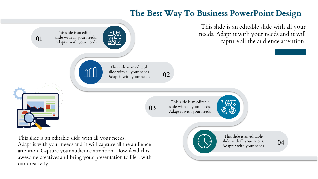 Business slide design with a four step curved pathway featuring numbered sections and blue icons for key points.