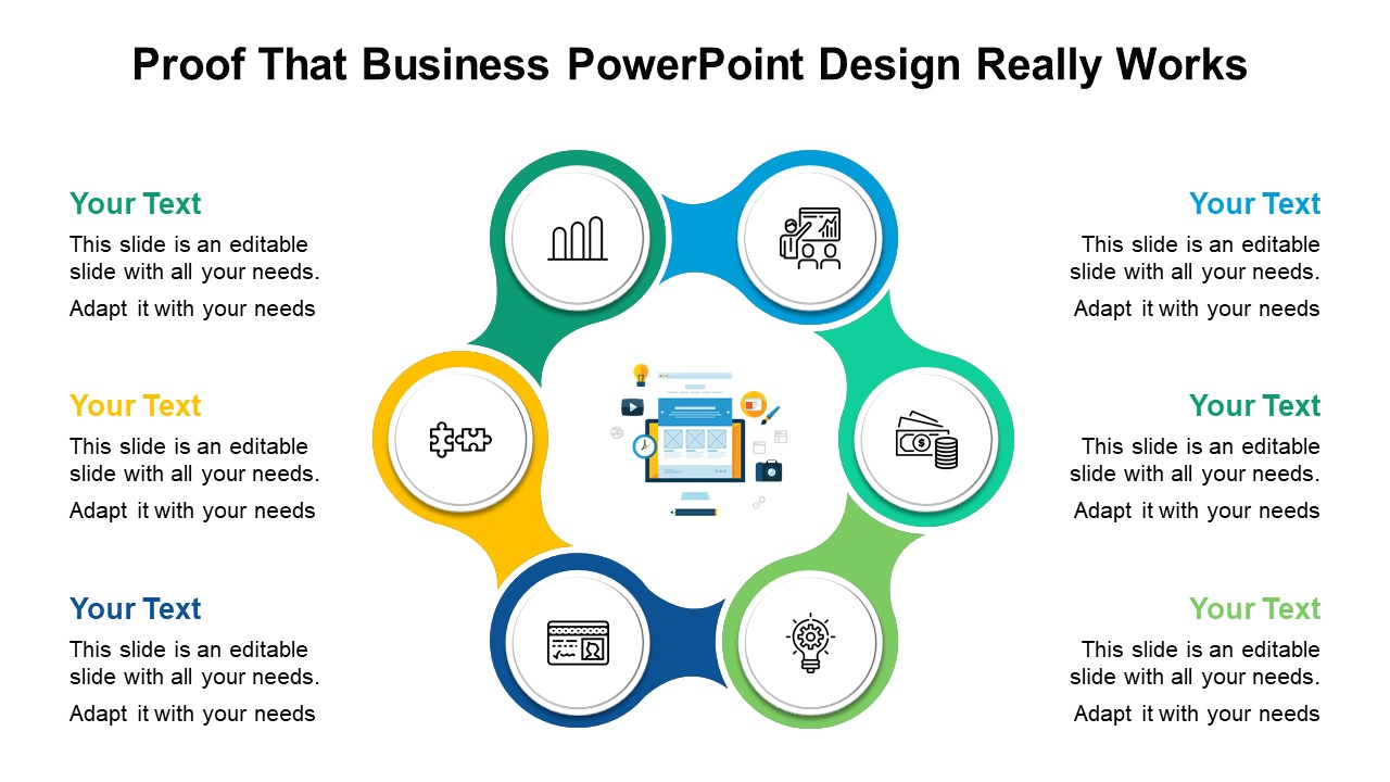 Colorful business PowerPoint design with six icons representing key business concepts with icons and placeholder text.