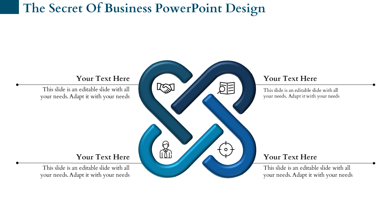 Infographic with a central knot like interlinked blue shapes and four labeled sections featuring icons and text.