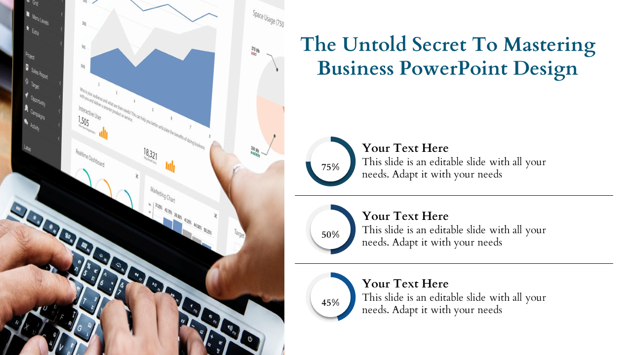 Business themed layout featuring a laptop screen with graphs, three percentage indicators and caption areas.