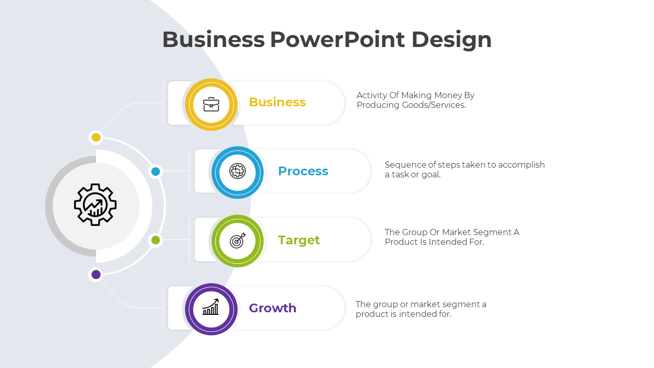 Four step business process design with icons for business, process, target, and growth on a circular flow.