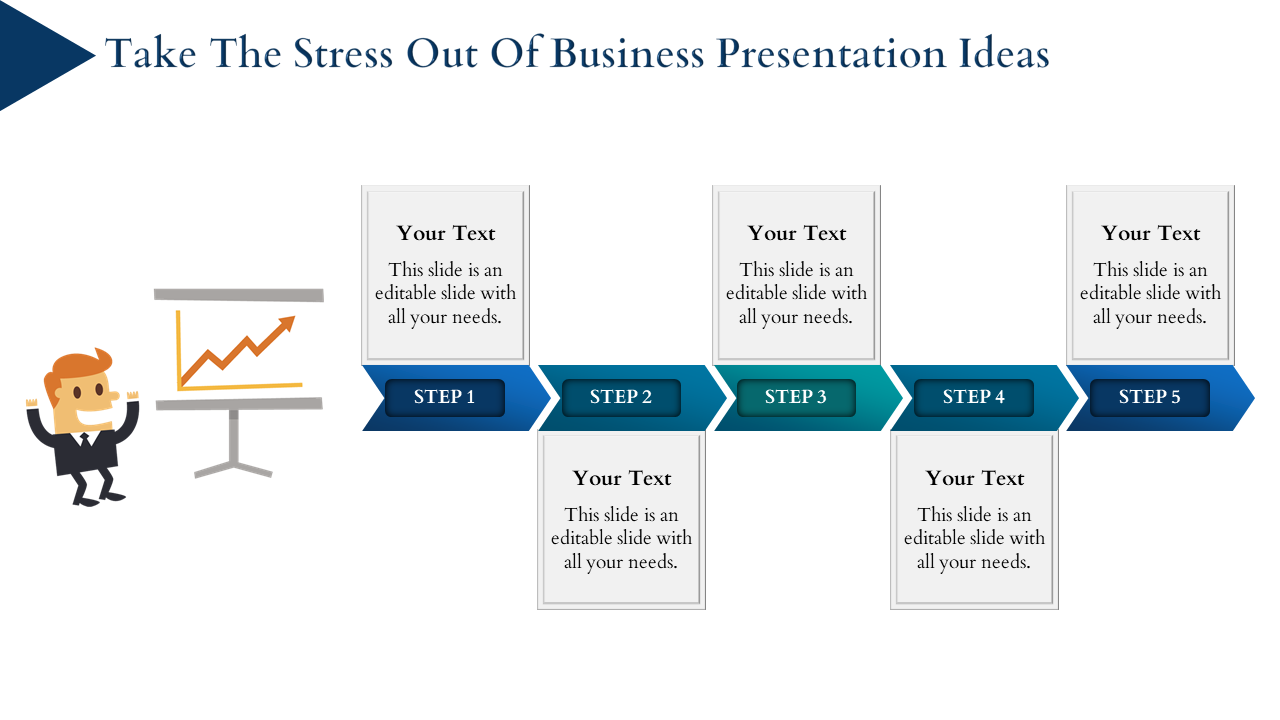 Business presentation layout with five steps in blue and green arrows, and an illustration of a man showing a growth chart.