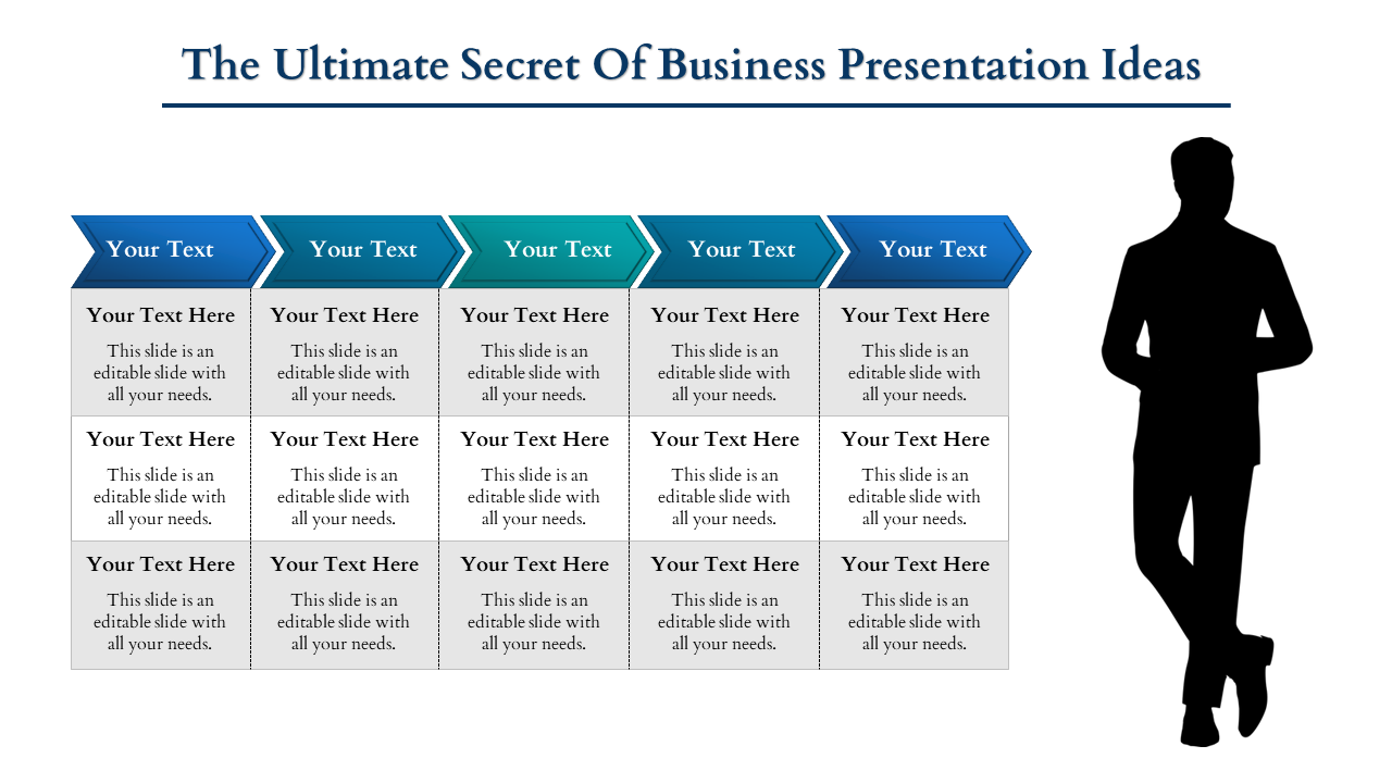 Business presentation slide with five blue arrow shaped headers and text boxes below, alongside a silhouette of a person.