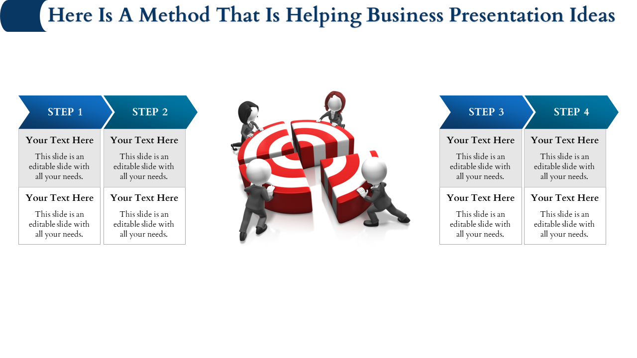 Business slide showing four steps on the left and right with a 3D red-and-white target in the center.