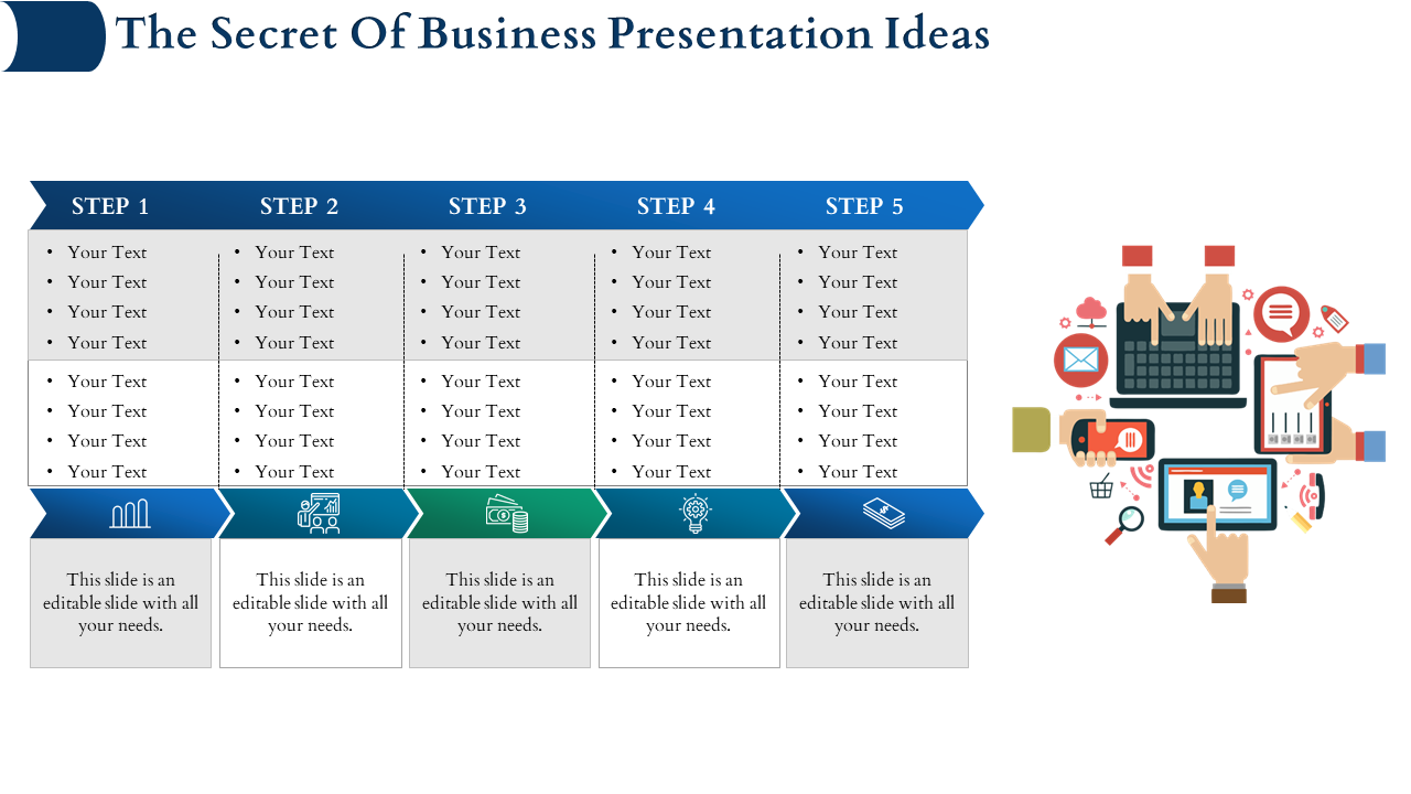 Step-by-step business table with placeholders and a colorful illustration of technology and hands.