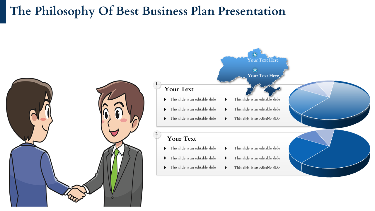 Illustration of two people shaking hands next to text boxes and two blue pie charts, representing a business plan.