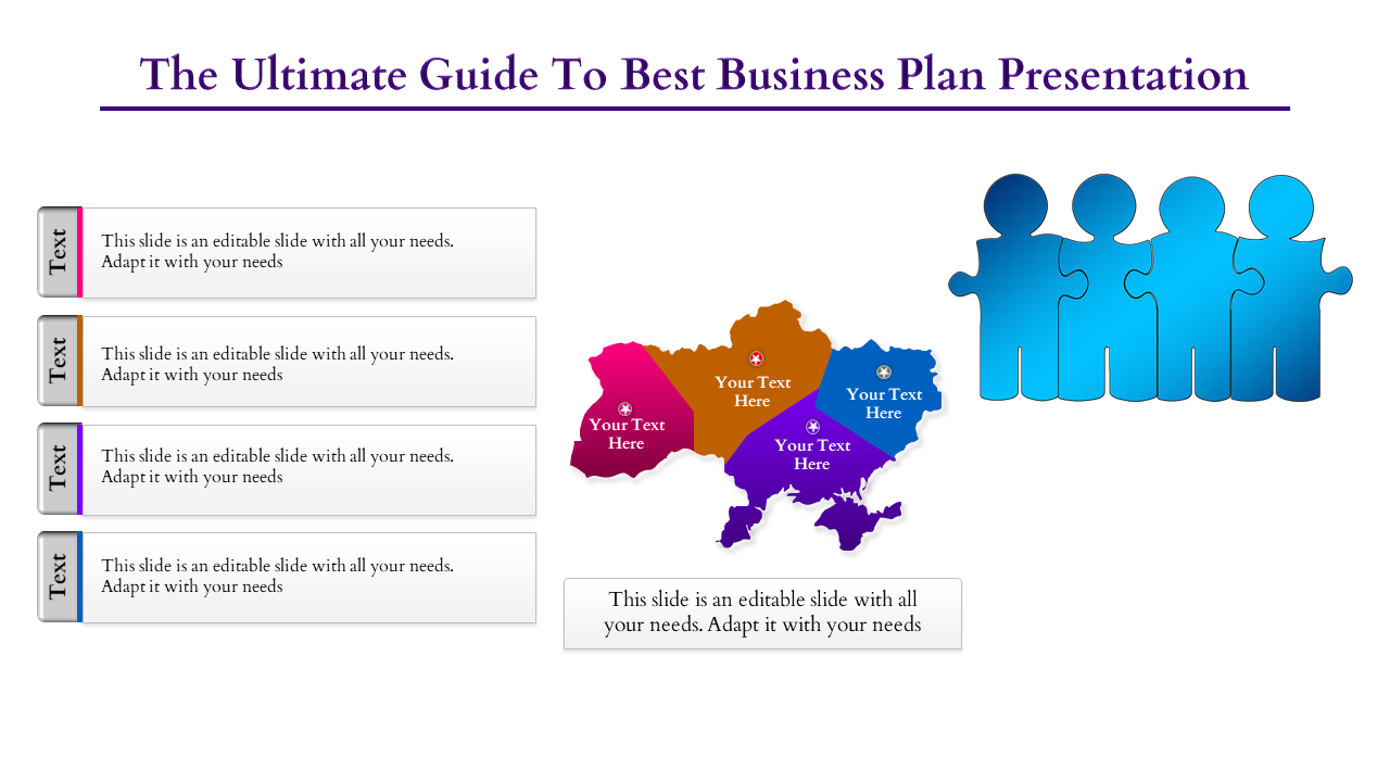 Business presentation slide with a regional map, text areas, and blue human-shaped puzzle figures on the right.