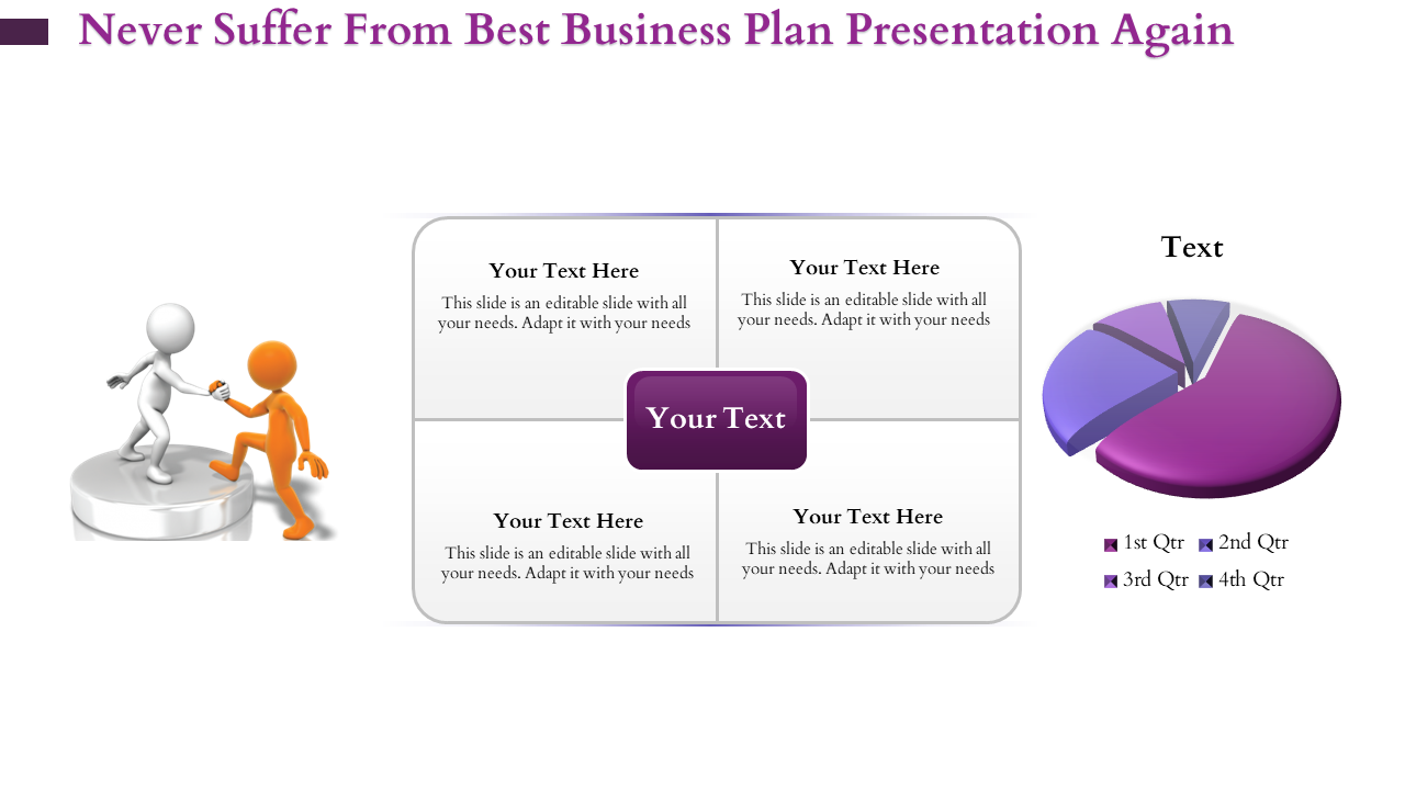 Purple themed business plan slide with a regional map, three icons, and gear graphics on the right.