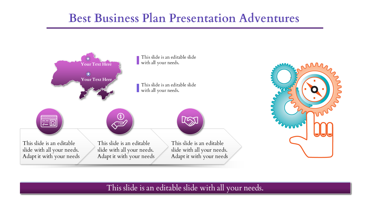 Business slide with a purple map, text areas, circular icons for steps, and gears symbolizing process on the right.