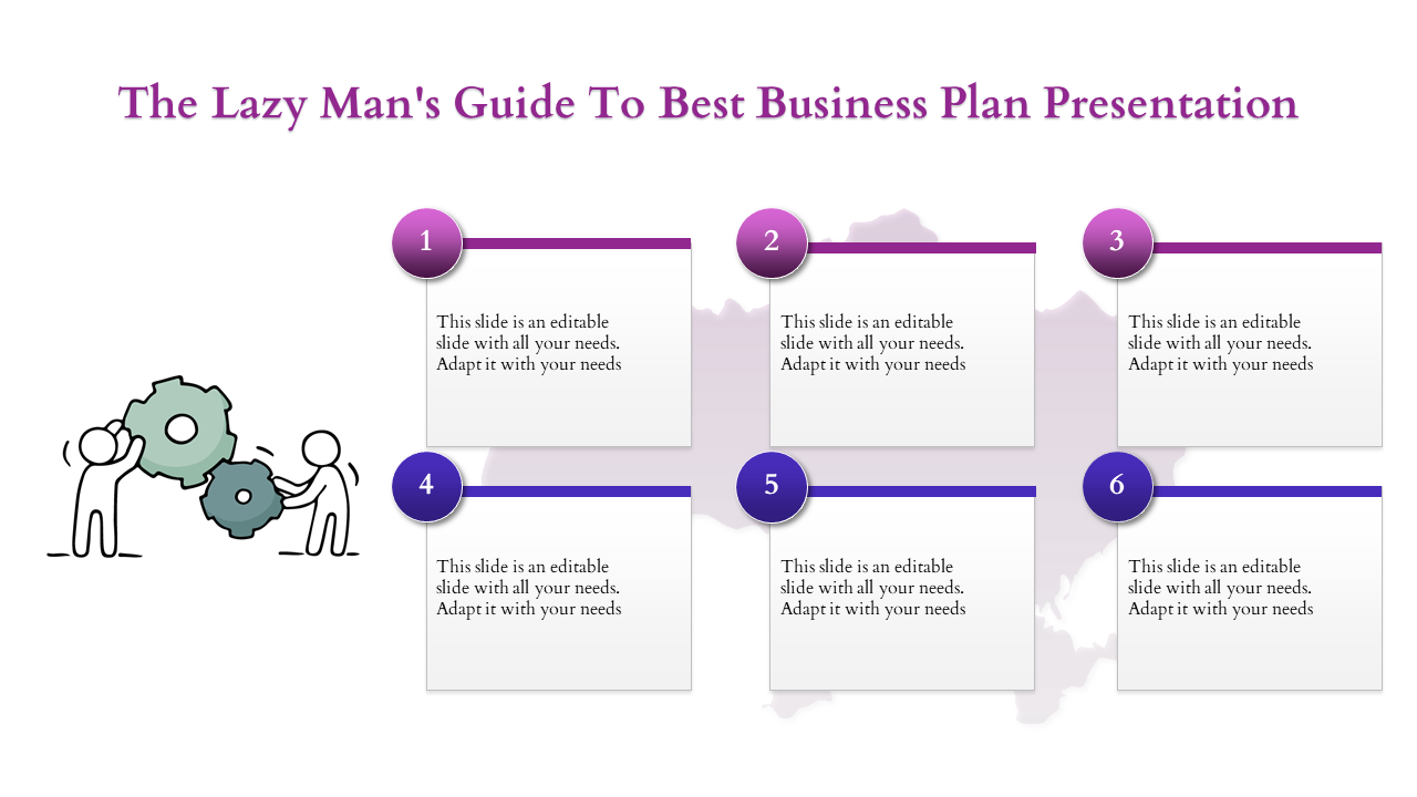 Business plan layout with six numbered text boxes in two rows and an illustration of two figures turning gears.