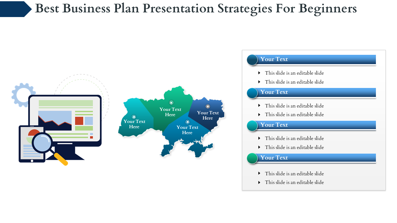 A business plan slide with icons representing a computer, mobile device, and a map, with text areas for content.