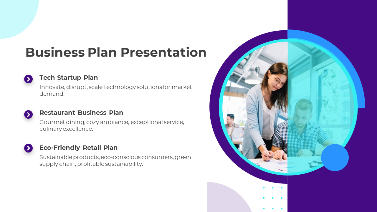 Professional slide layout featuring three business plan on the left and an image of two colleagues collaboration. 