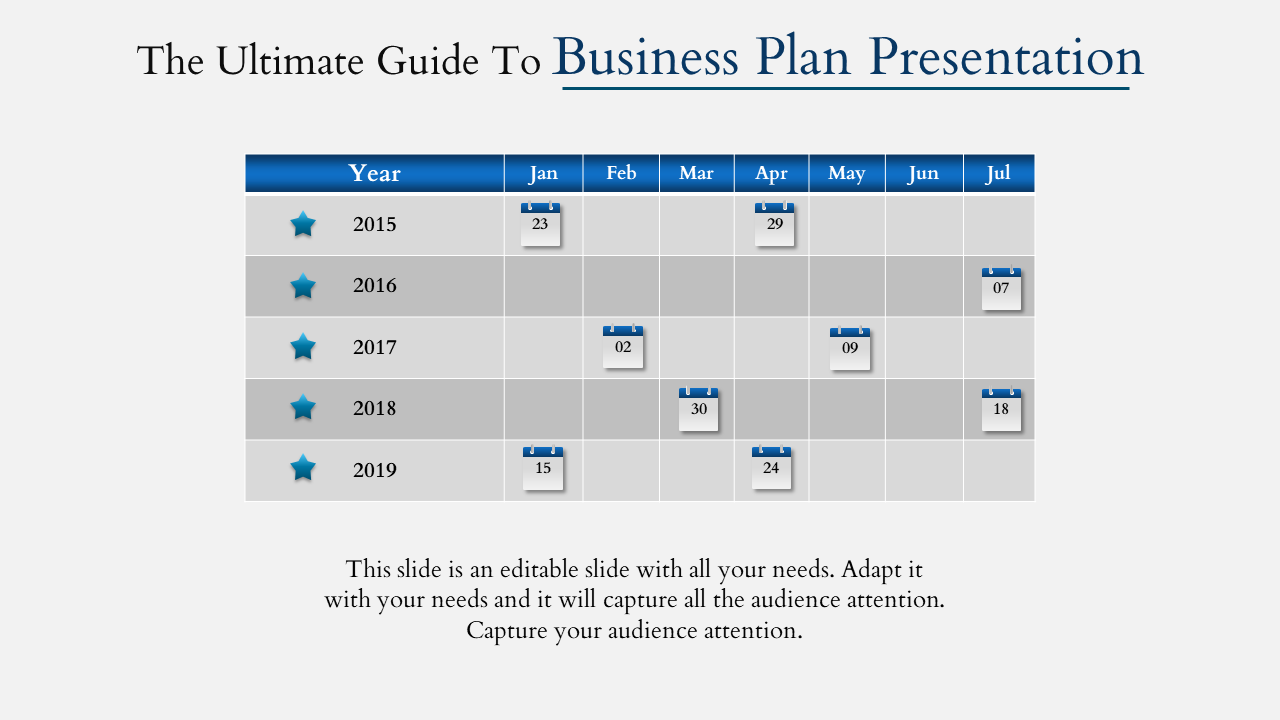 Table showing years from 2015 to 2019 with blue header months, containing dates and star icons in cells.