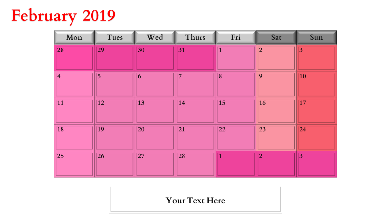  A slide with a calendar for February 2019, with a pink color scheme.