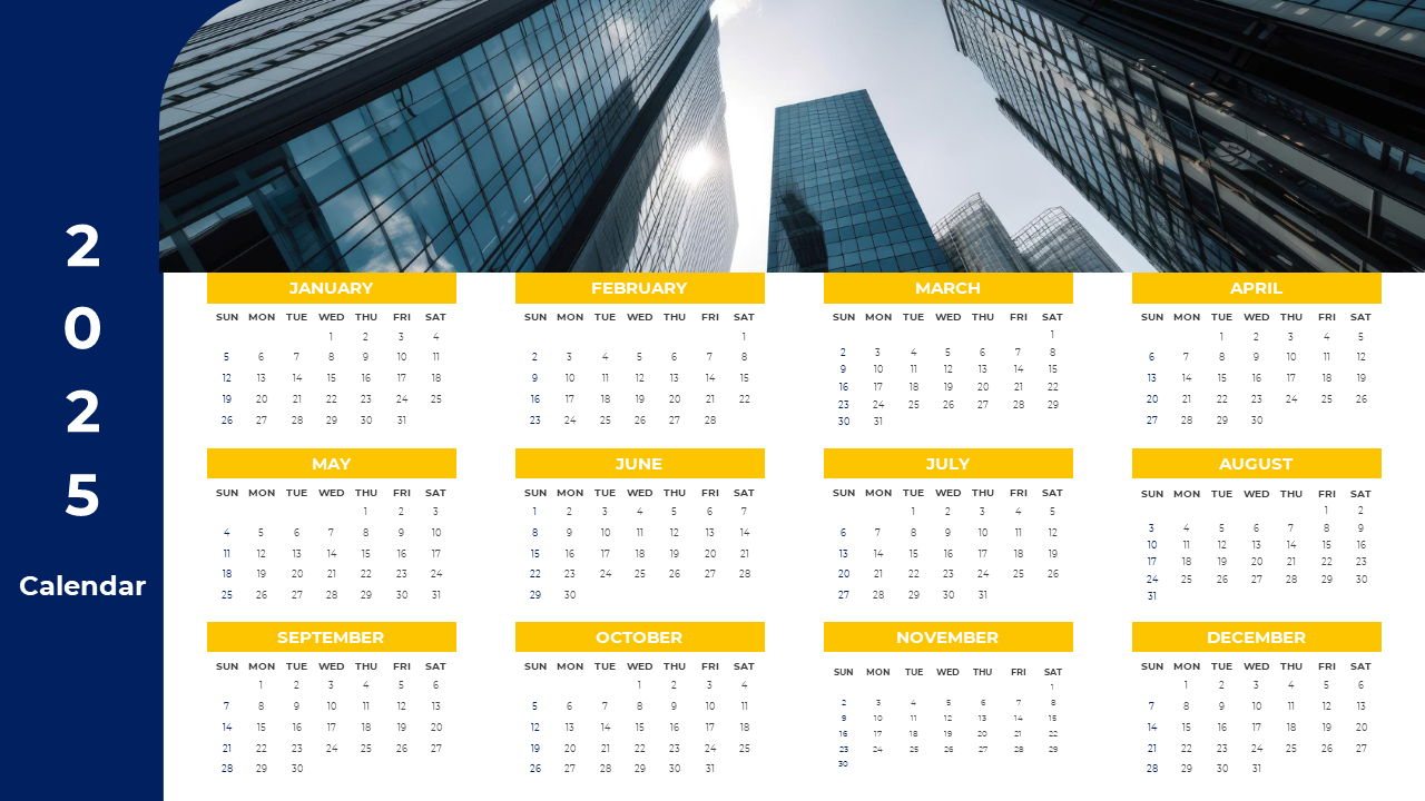 A slide with a calendar for the year 2025, displayed with a modern city skyline background.