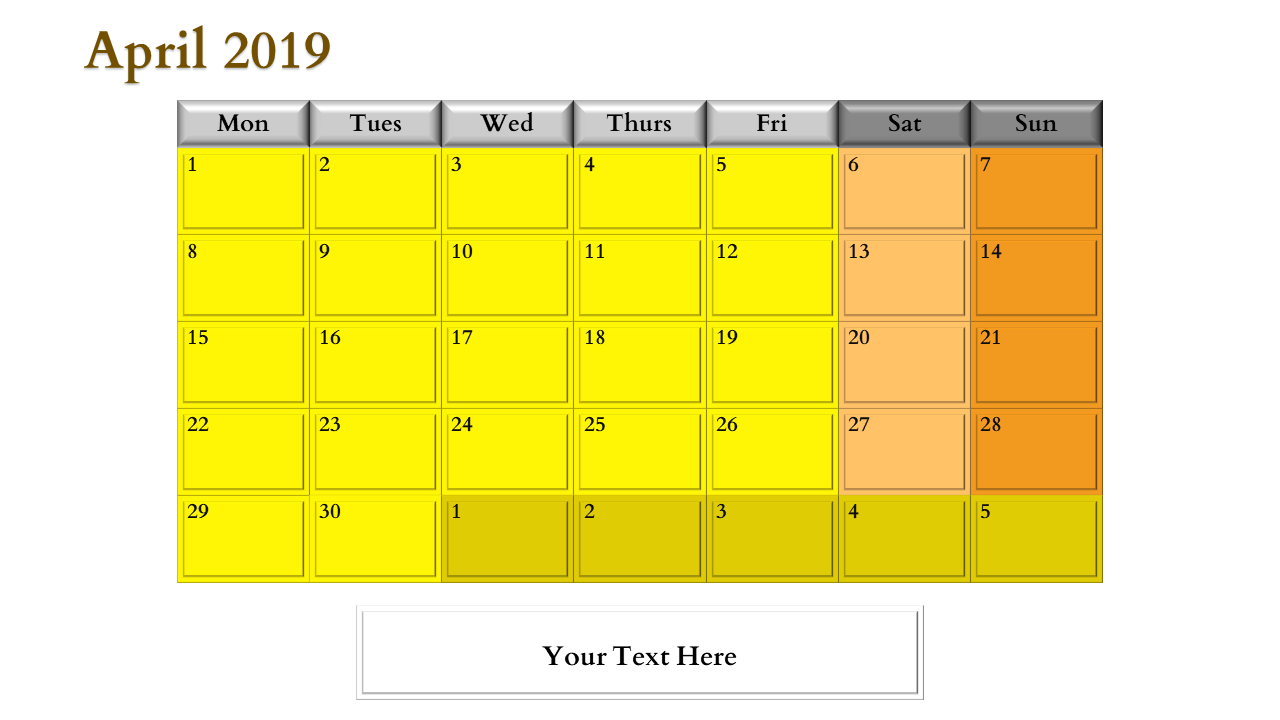 April 2019 calendar in a grid format with bright yellow weekdays and orange shaded weekends, and a text box below.