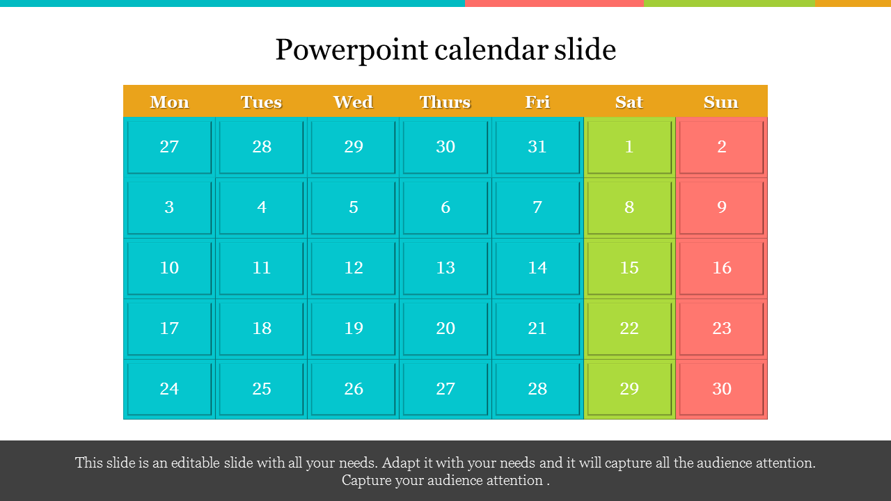 Colorful calendar slide with teal, green, and red shaded days, arranged in a grid under labeled weekdays.