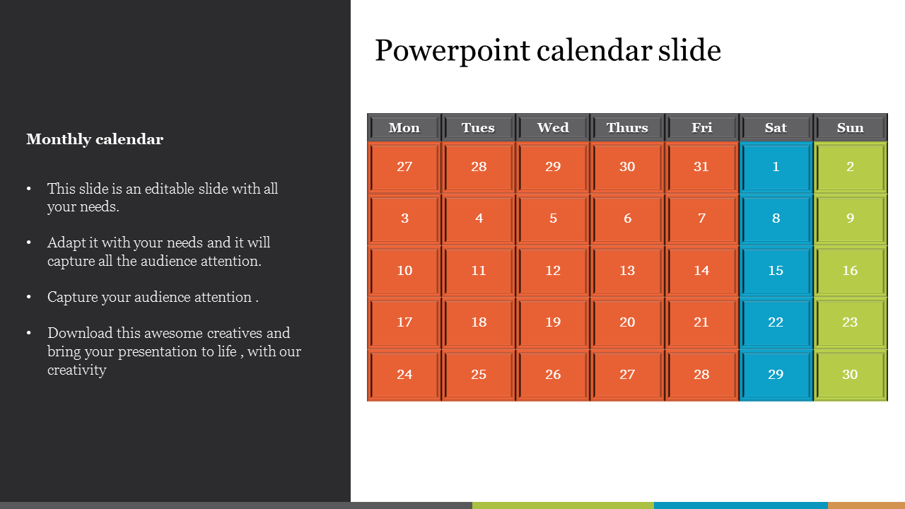 Color-coded calendar layout with red weekdays, blue Saturdays, green Sundays, and a black section for calendar details.