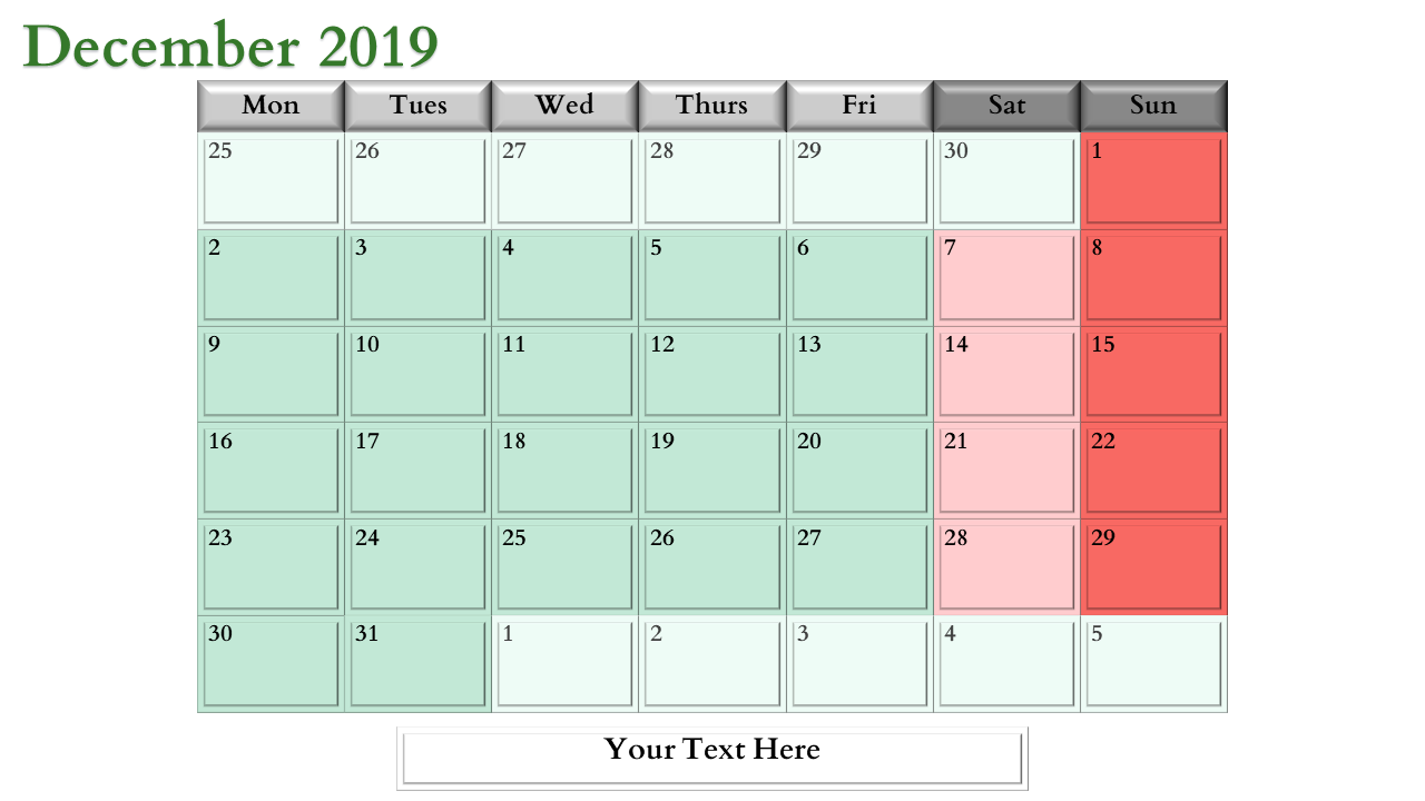 A PowerPoint slide with a December 2019 calendar and a text box for your message.