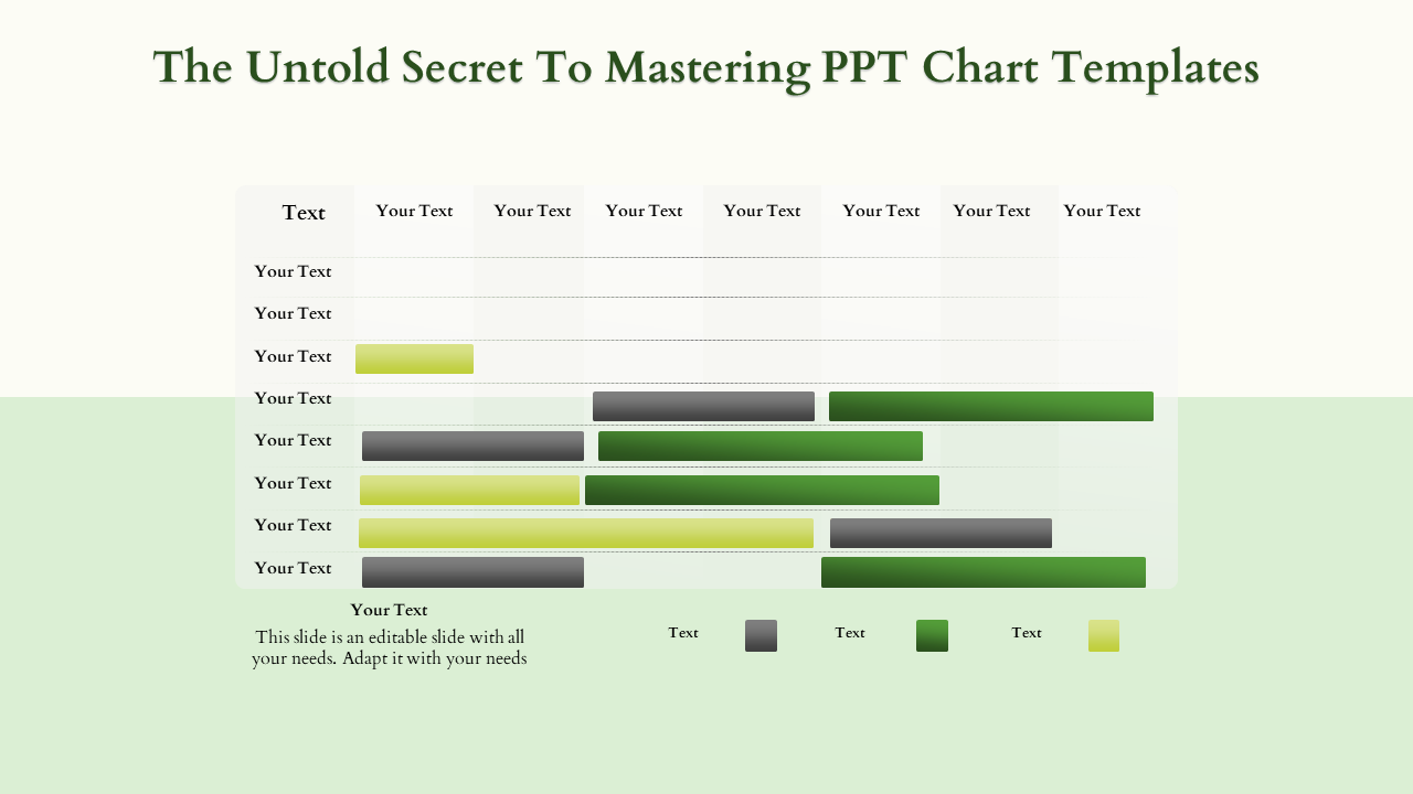 Horizontal bar chart with green and gray bars of varying lengths, labeled with placeholder text, on a light background.