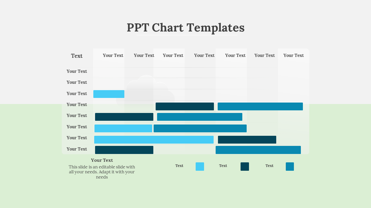 A PPT chart template featuring a table layout with rows labeled Text and columns with bar charts in different shades of blue.