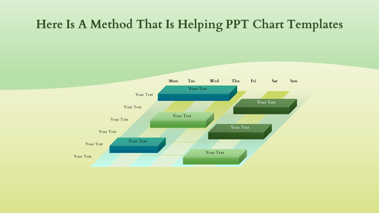 Timeline slide with horizontal bars in shades of green and blue, aligned to weekdays with placeholder text.