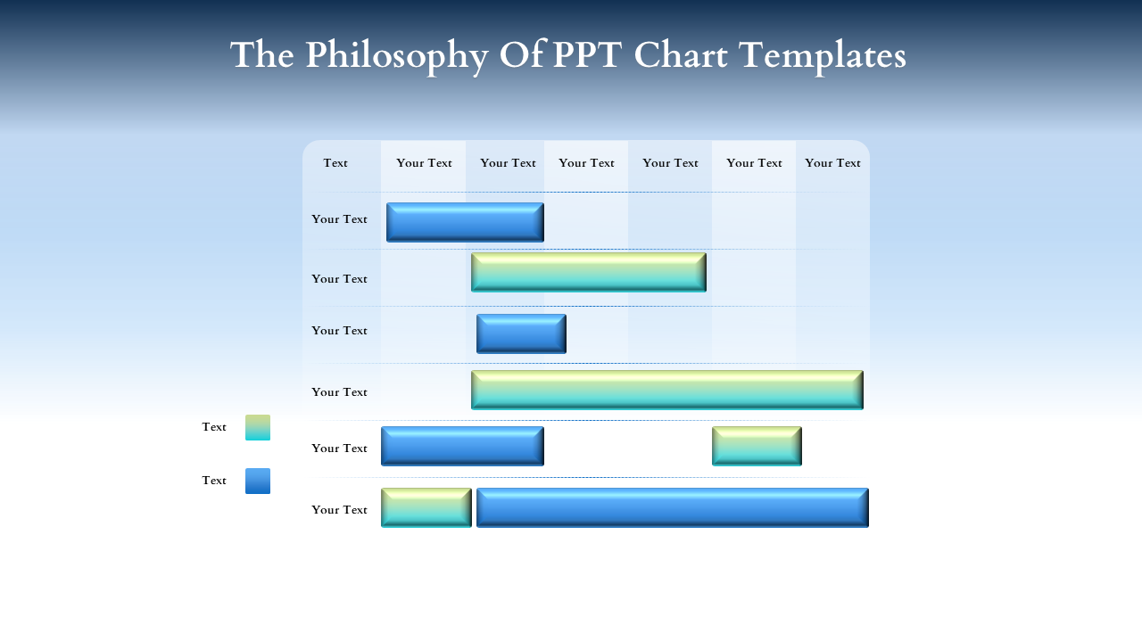 Chart slide featuring a weekly schedule with multiple rows and columns with placeholder text gradient blue and green bars.