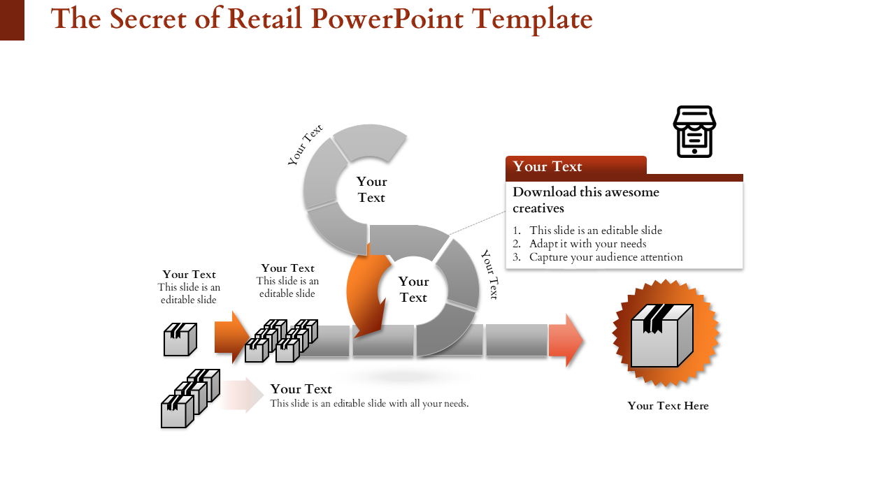 A retail PowerPoint template showing a circular workflow with steps, including an icon of a retail shop and stacks of boxes.