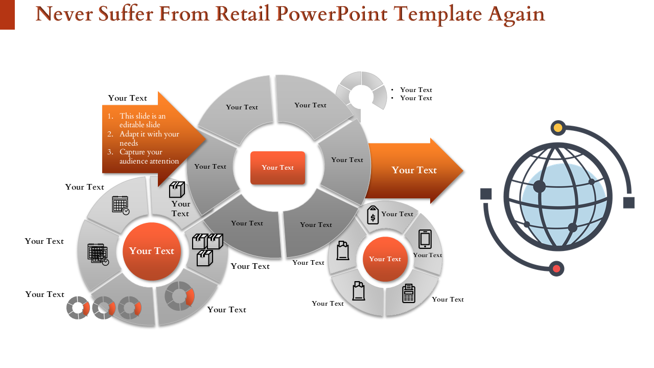 Retail template with circular diagrams, text placeholders and an orange arrow leading to a globe illustration on the right.