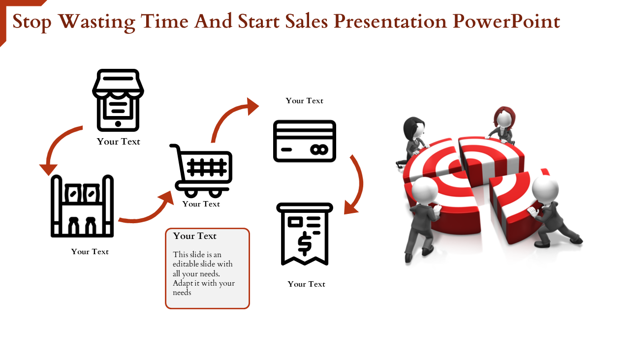 Sales flow slide featuring icons connected by arrows, leading to a 3D target graphic with small figures assembling it.