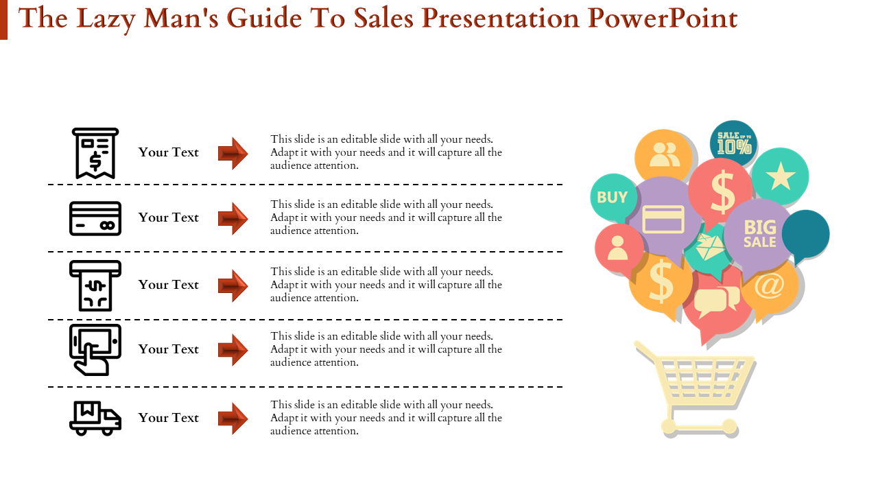 Sales slide with icons for sales process steps, such as invoice, payment, and shipping, alongside colorful speech bubbles.