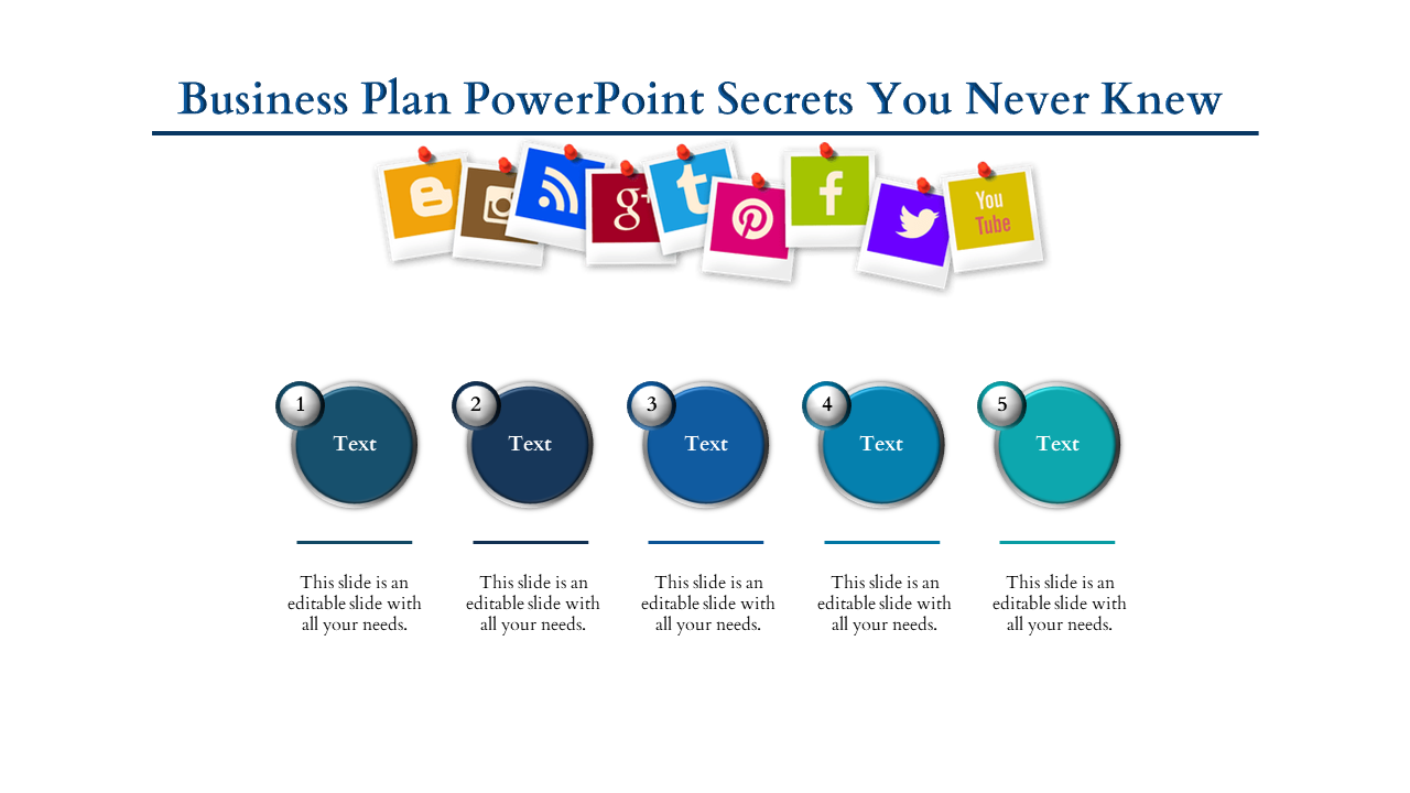 Business plan template with five numbered blue circles and icons of popular social media platforms.