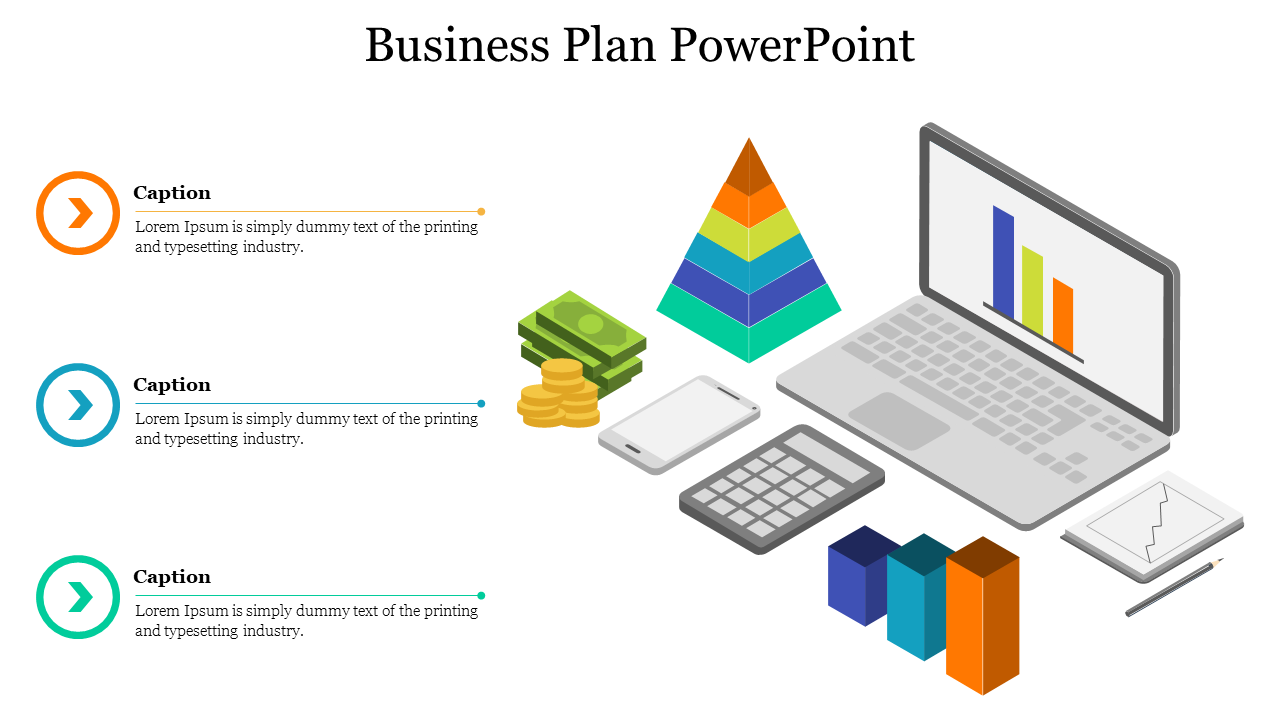 Slide featuring a laptop showing charts, surrounded by colorful business tools and three captions on the left.