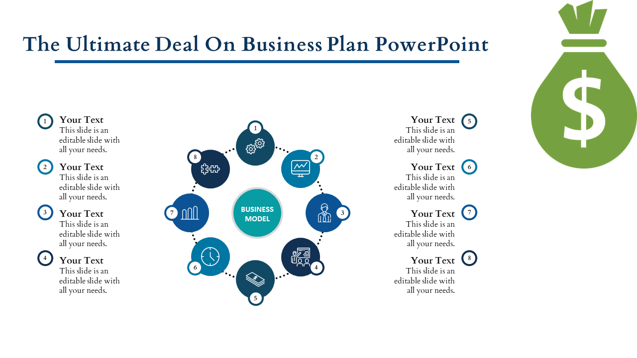 Business plan template featuring a circular layout of eight numbered icons linked to a central circle.