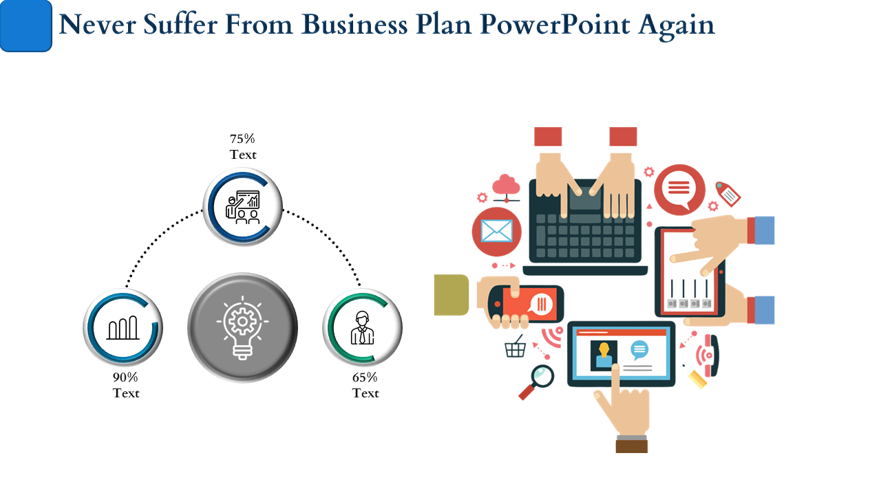 Slide showing business plan progress with icons for text and percentages, alongside an illustration of digital devices.