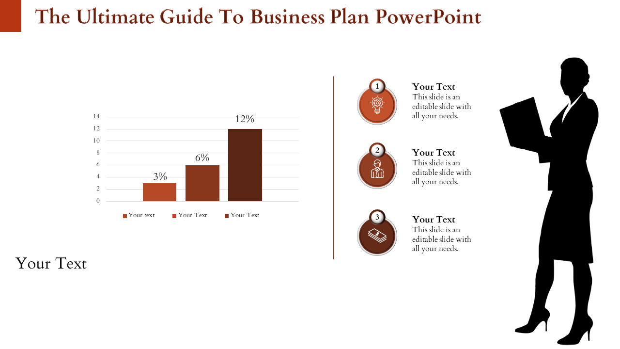 Business template with a bar chart showing percentages and three brown circular icons labeled with placeholder text areas.