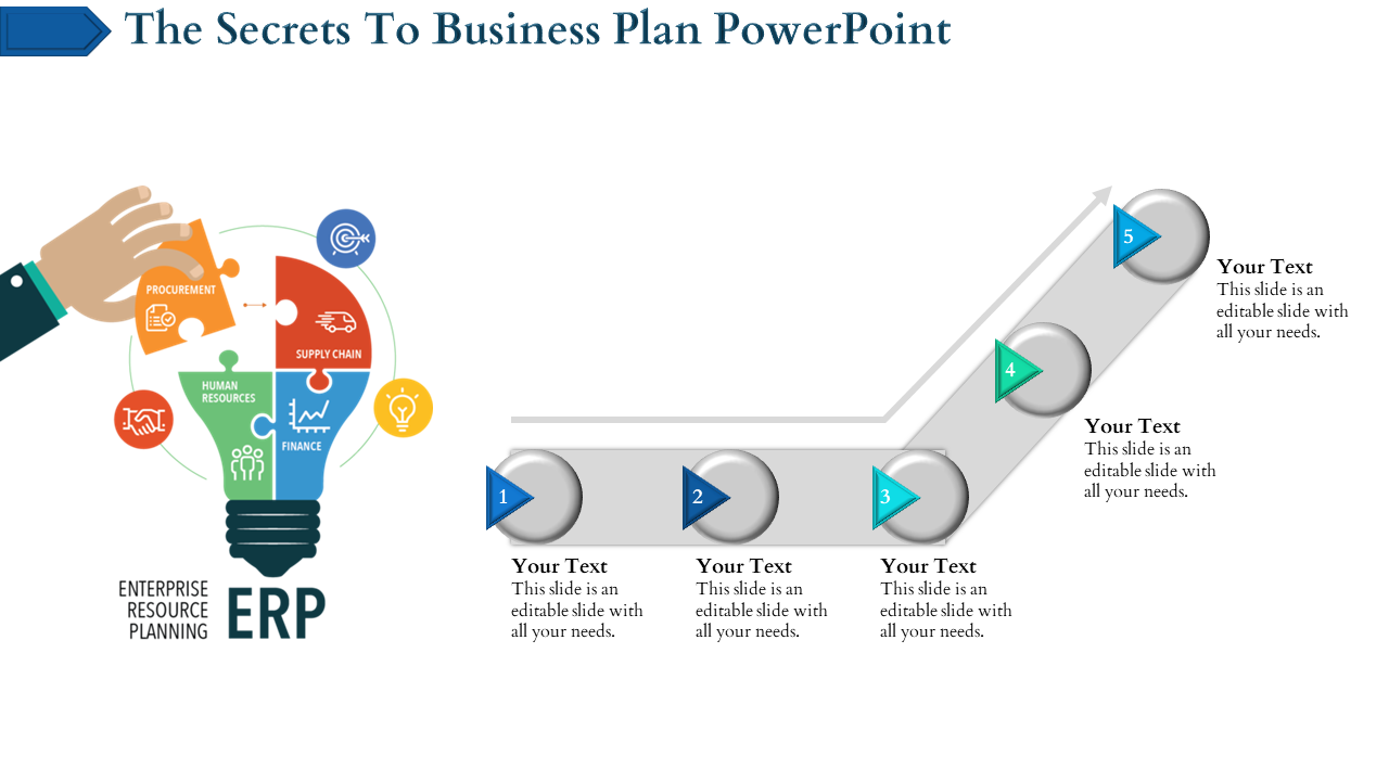 Business plan slide with a lightbulb diagram and five numbered steps in blue and green arrows on a gray ascending path.