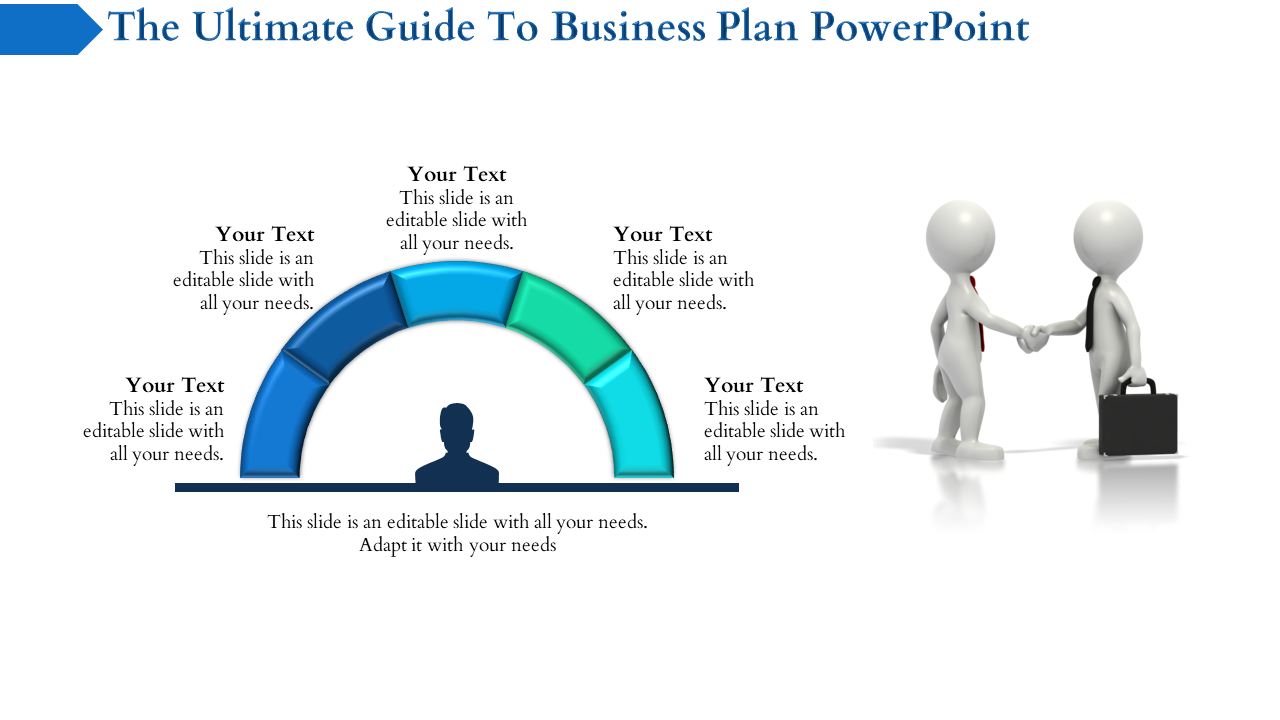 Semi circular infographic with five segments, a silhouette at the base, and two 3D figures shaking hands to the side.