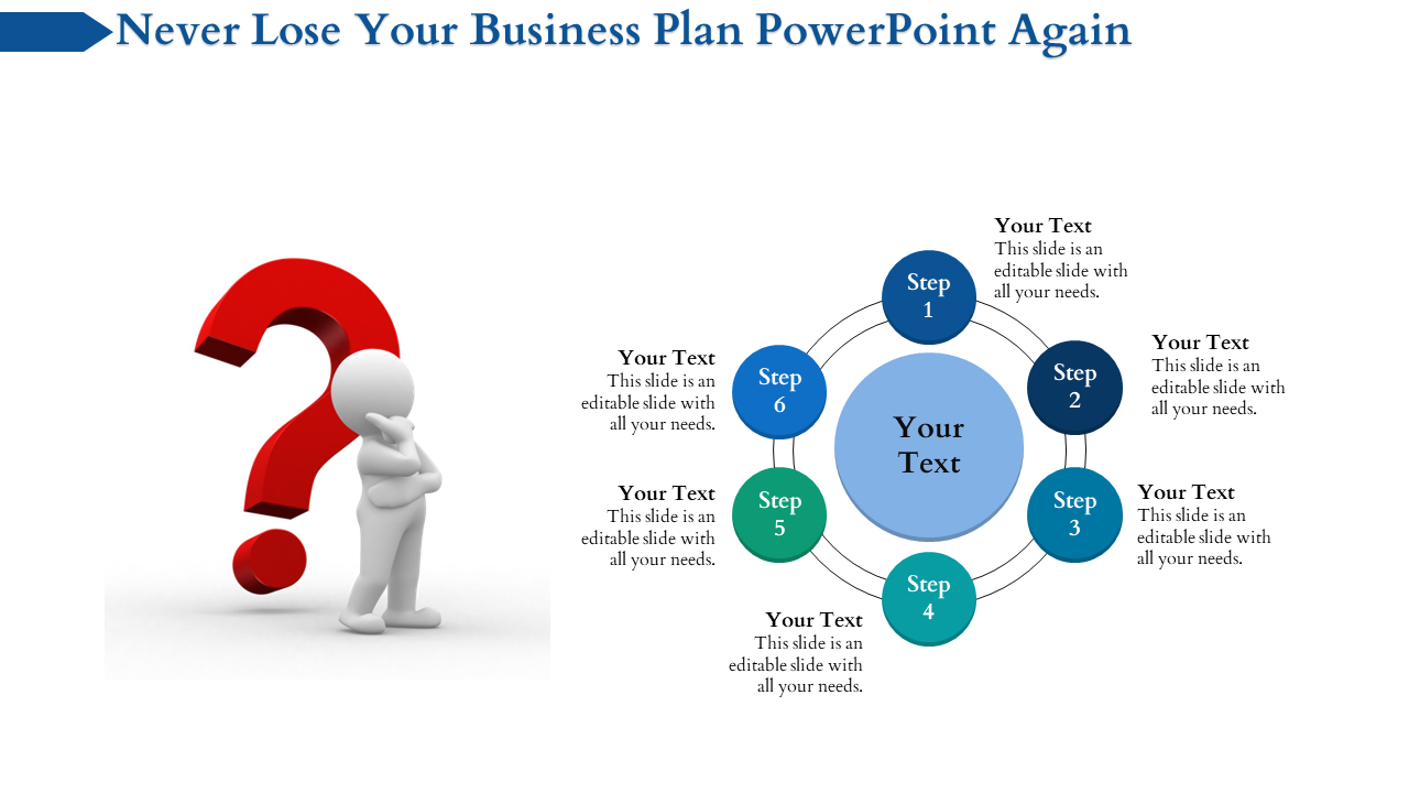 Business plan PowerPoint slide with a six step circular layout and a figure pondering near a question mark.