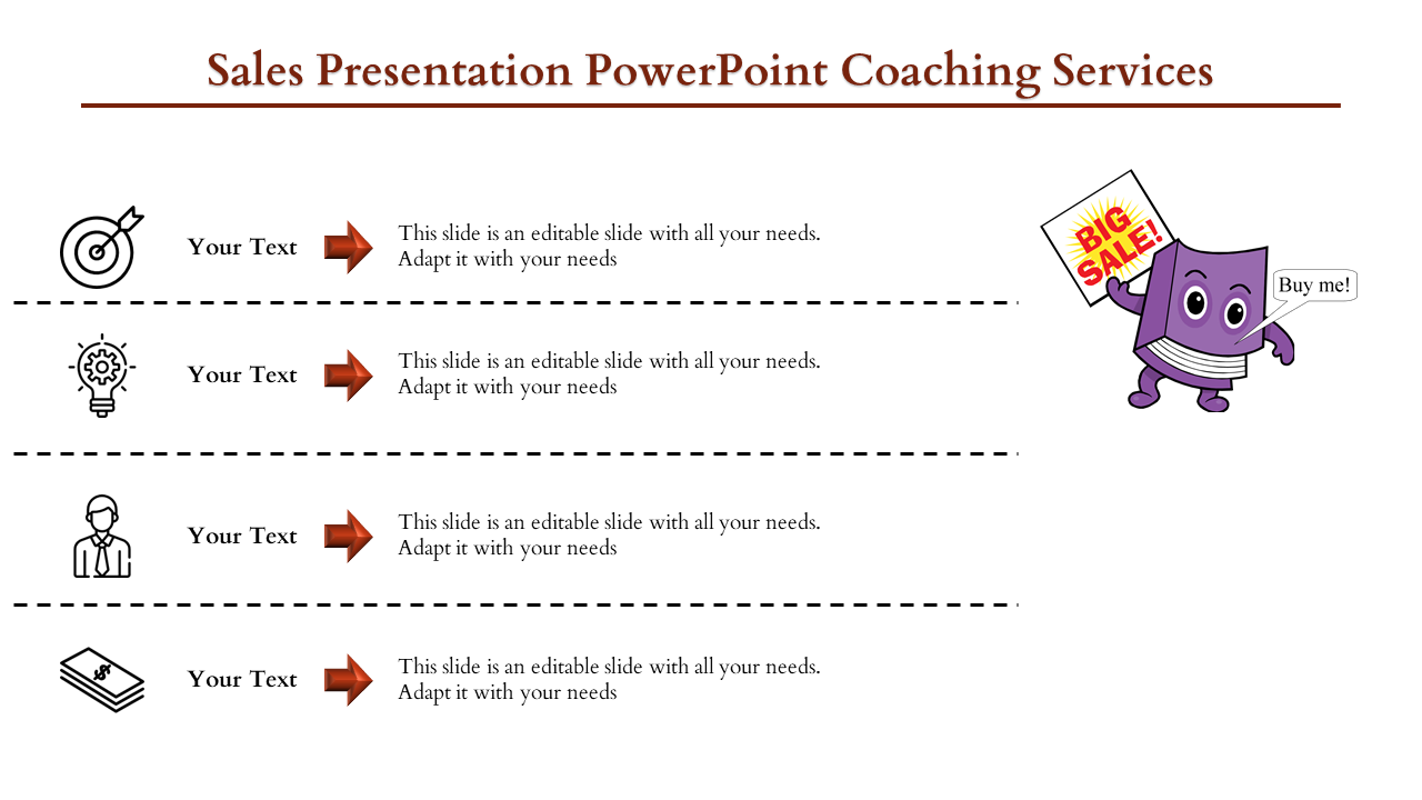 Infographic showing sales steps representing target, light bulb, professional, and cash, with a book character advertising.