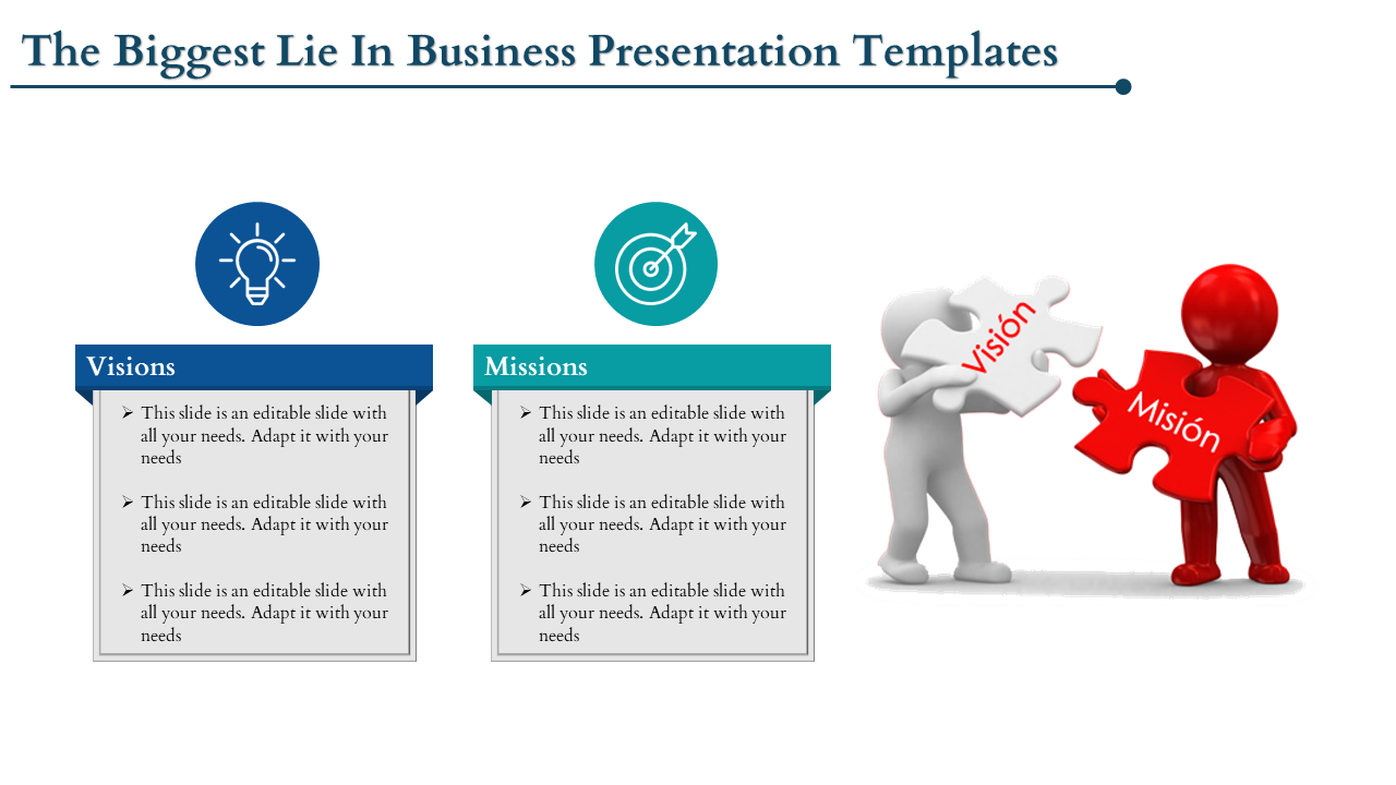 Business slide with sections for visions and missions, represented with icons and puzzle pieces being connected.