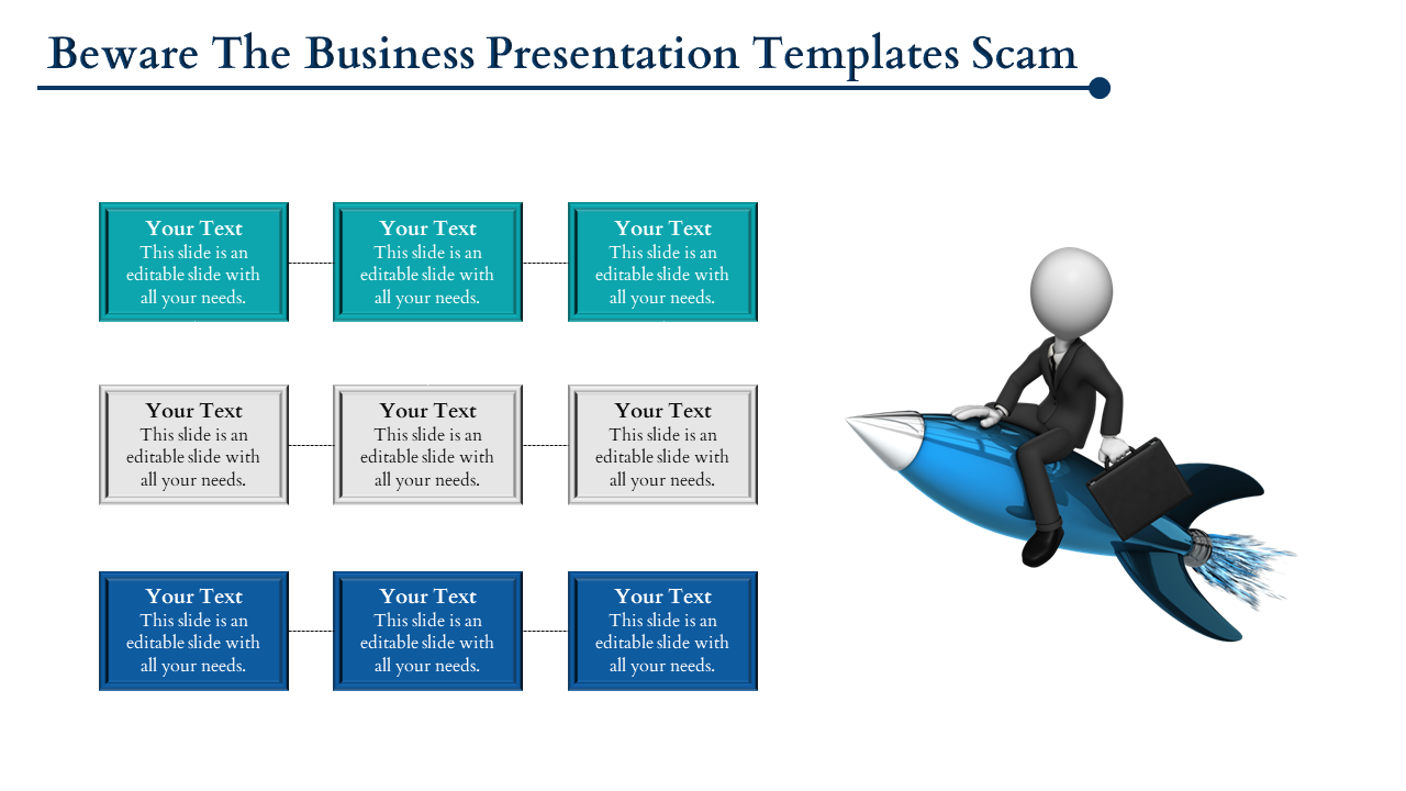 Slide design with nine text boxes arranged in rows, paired with a 3D figure riding a blue rocket with a briefcase.