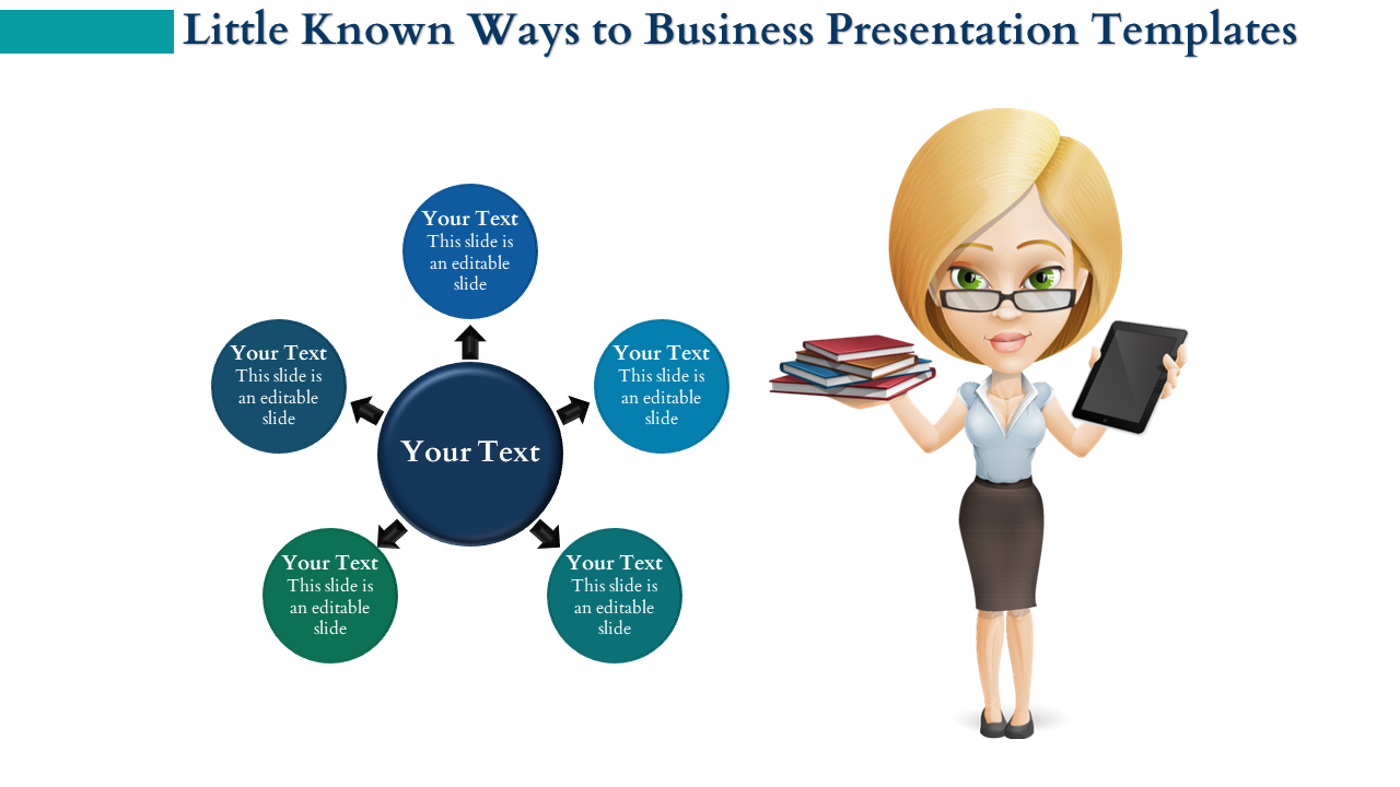 Business infographic with five surrounding editable text circles and arrows, featuring a cartoon woman with glasses holding books and a tablet.