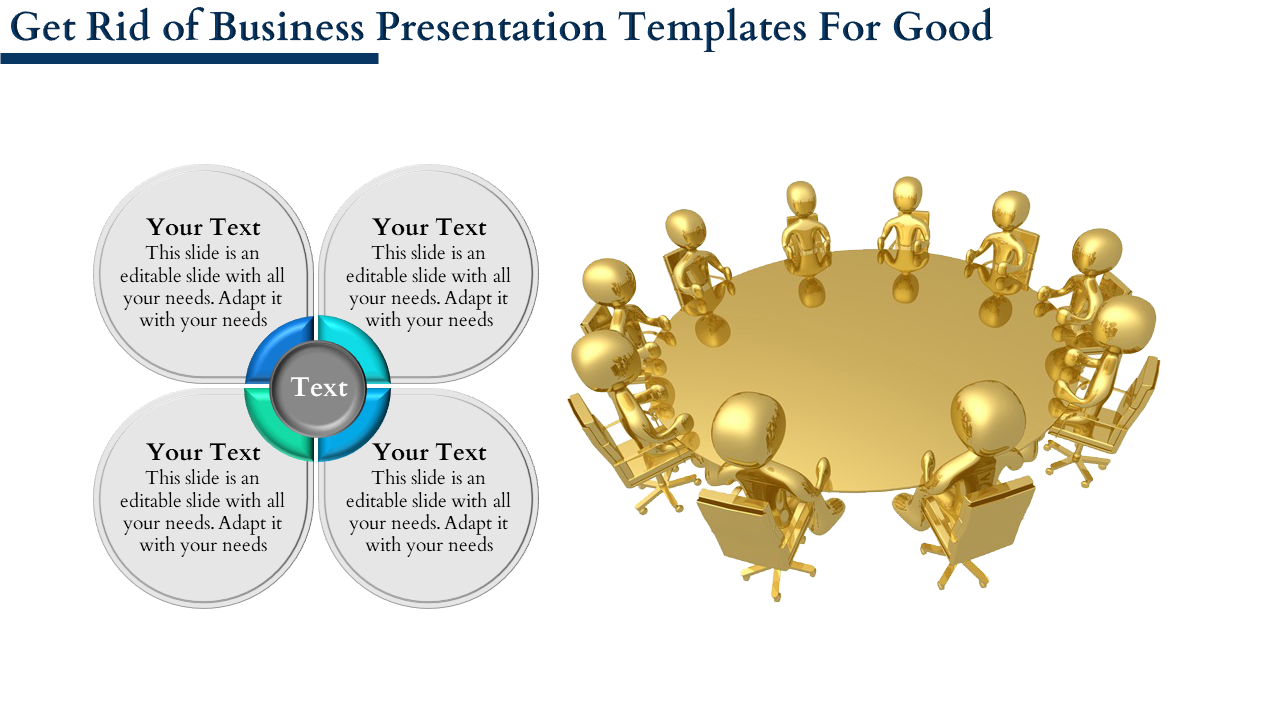 Business slide illustration of a group of golden figurines seated around a round table with text placeholders around them.