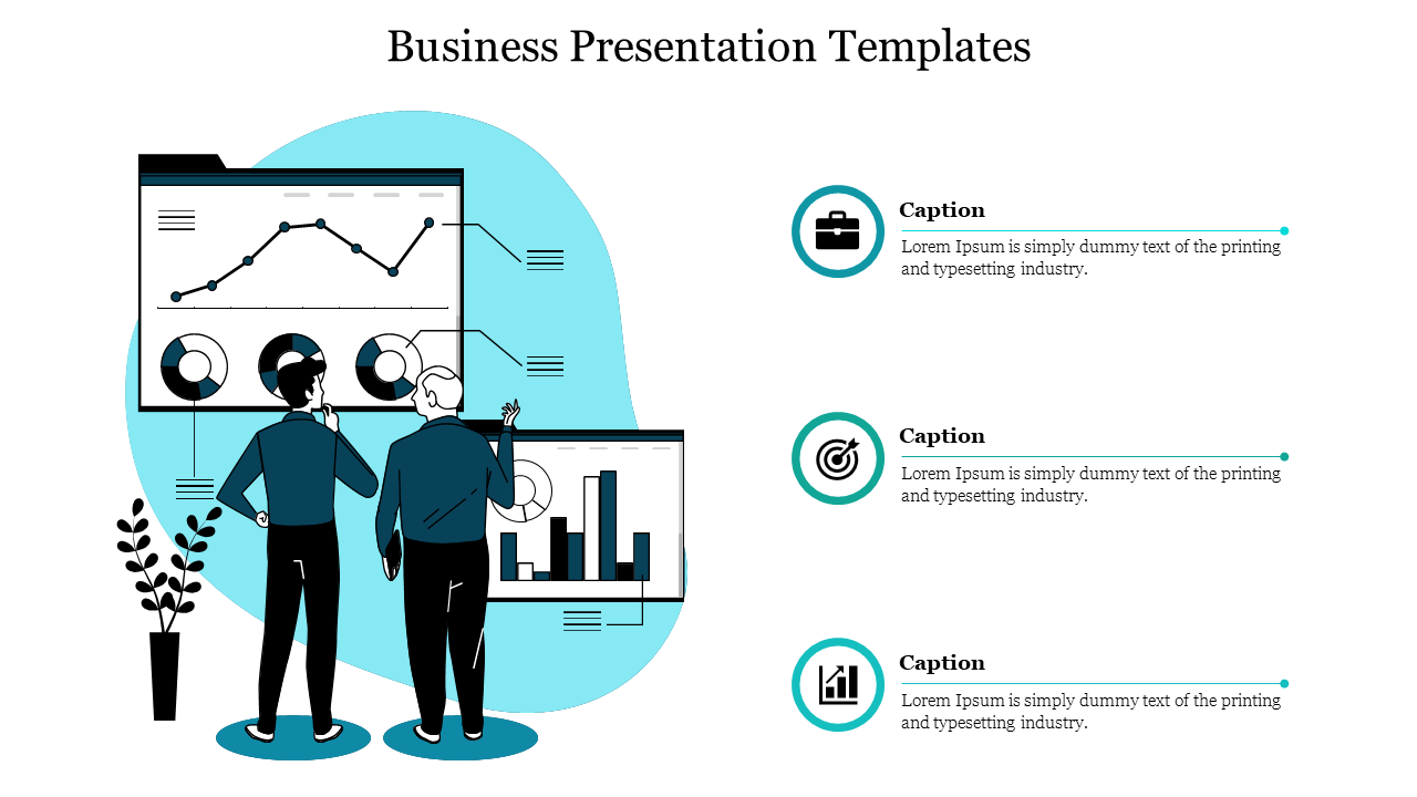 Two people analyzing charts on screens on the left, with three captions and icons aligned vertically on the right.