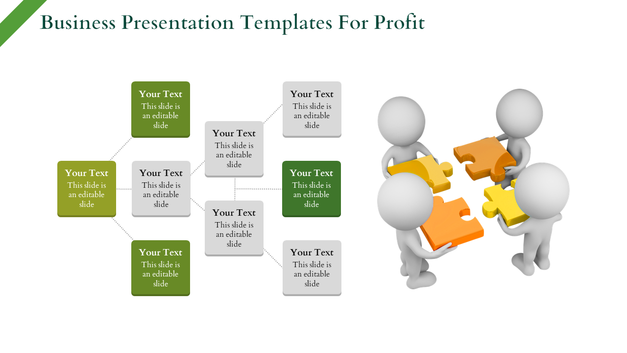 Slide with green and gray text boxes on the left and four 3D figures assembling colorful puzzle pieces on the right.