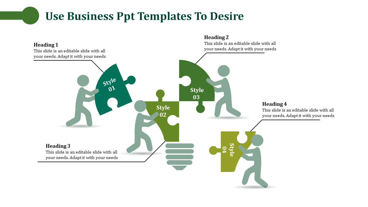 Business PPT template with separated lightbulb puzzle pieces and icons for styles 01, 02, 03, and 04 and placeholder text.