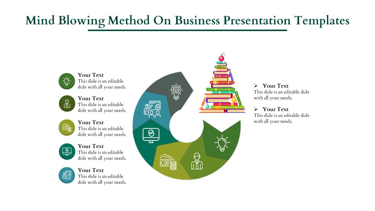 Green spiral graphic with icons and text placeholders on the left, with stacked books illustration on the right.