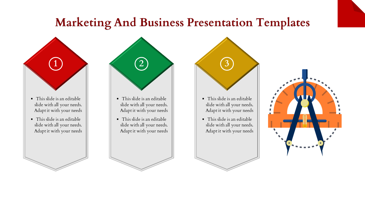 Marketing and Business presentation template with text fields, numbered steps, and a drafting compass graphic.