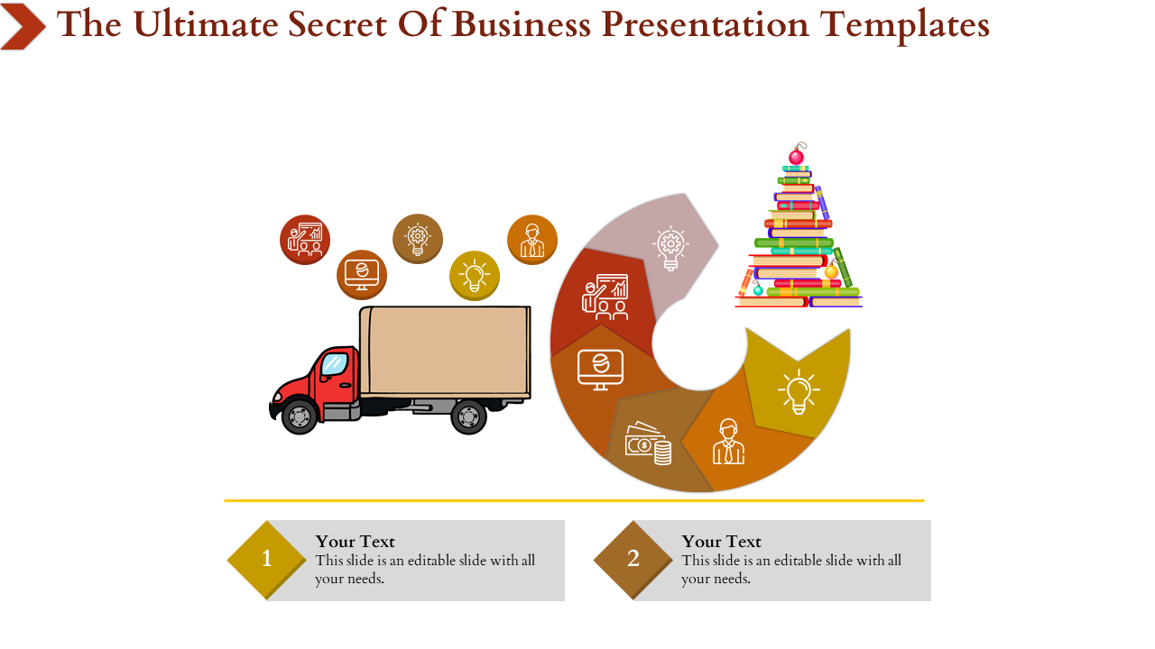 Slide featuring a truck and business icons, with a circular flow chart representing business processes and a stack of books.